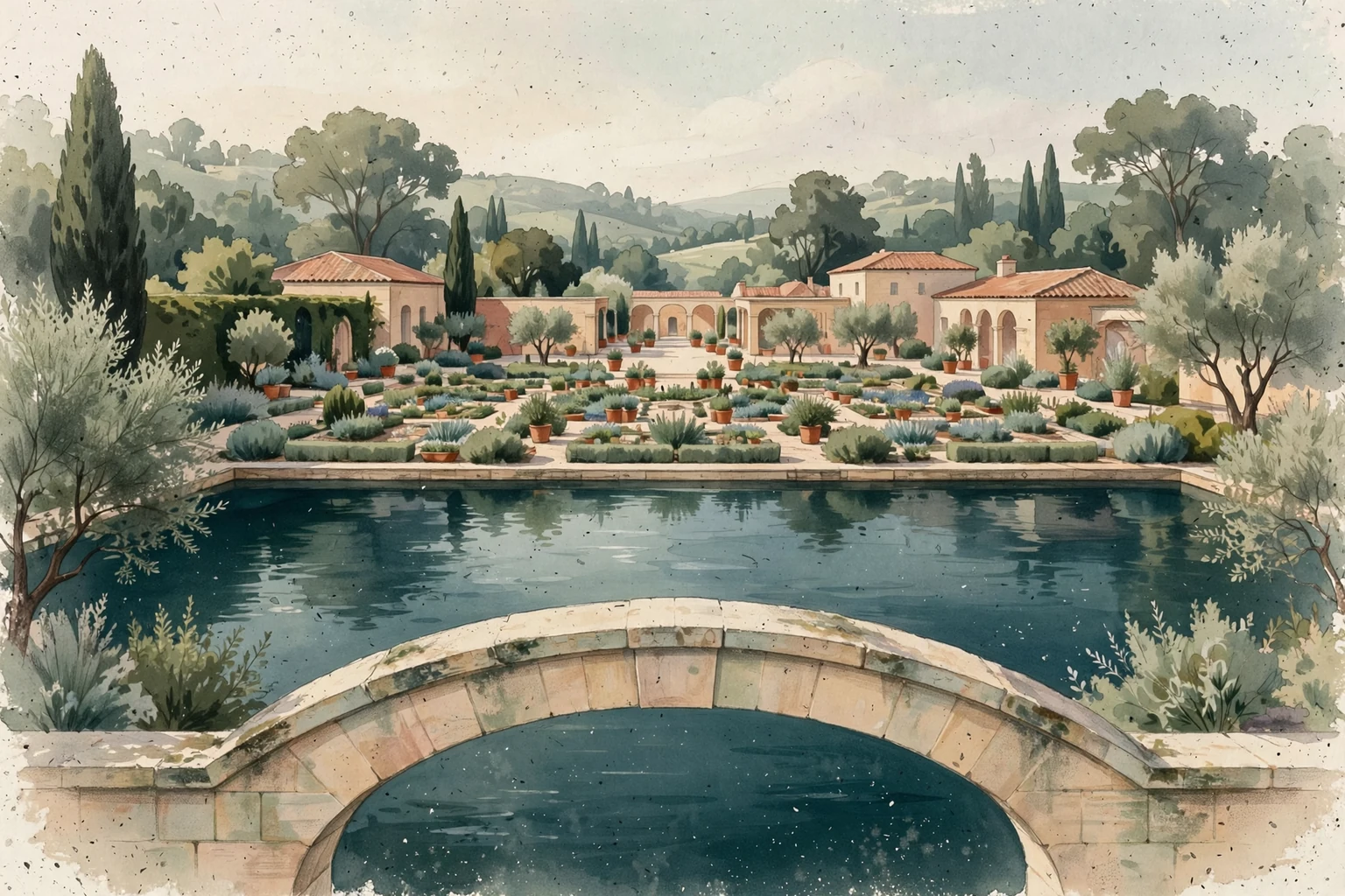 An imaginary water garden framed by pale stone and warm brick