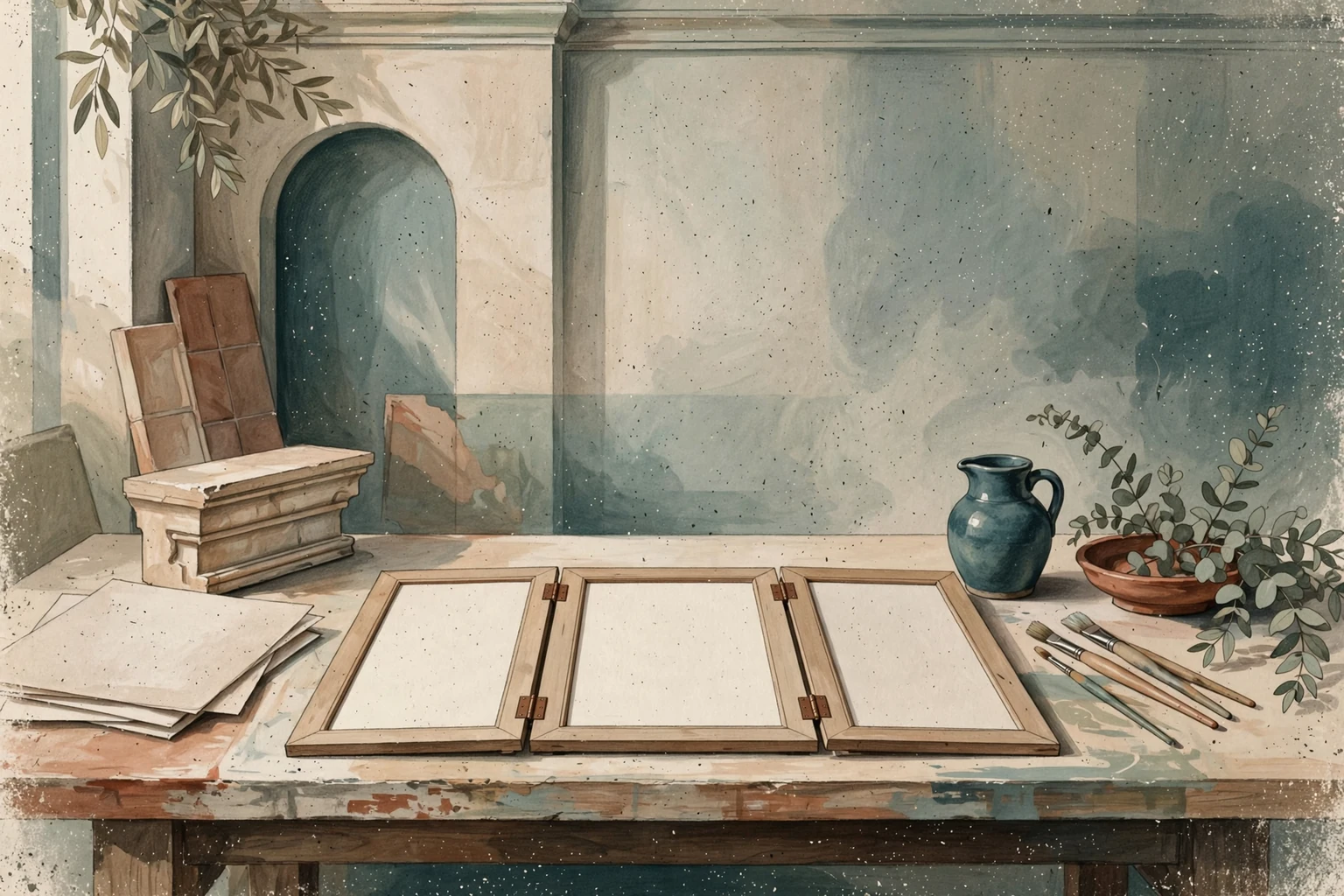 An open worktable with a folding picture frame and a blue jug