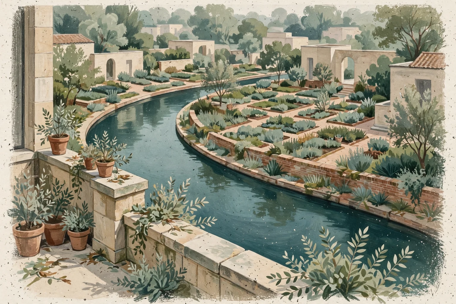 A canal framed by an intimate garden balcony