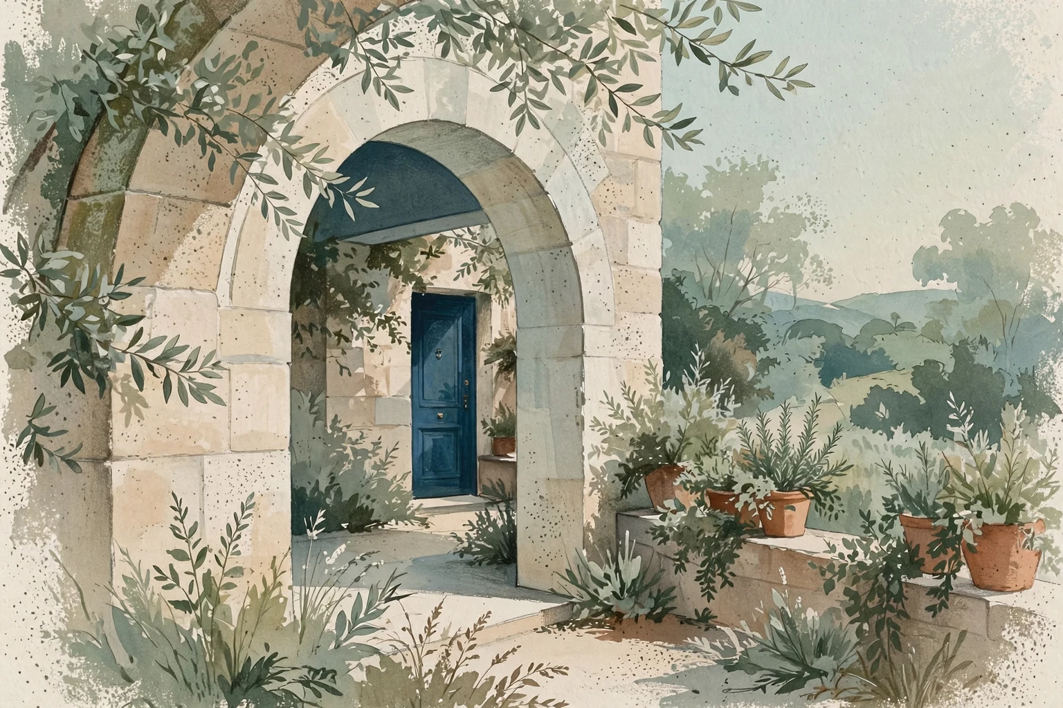 An oblique pale arch opening onto a blue door