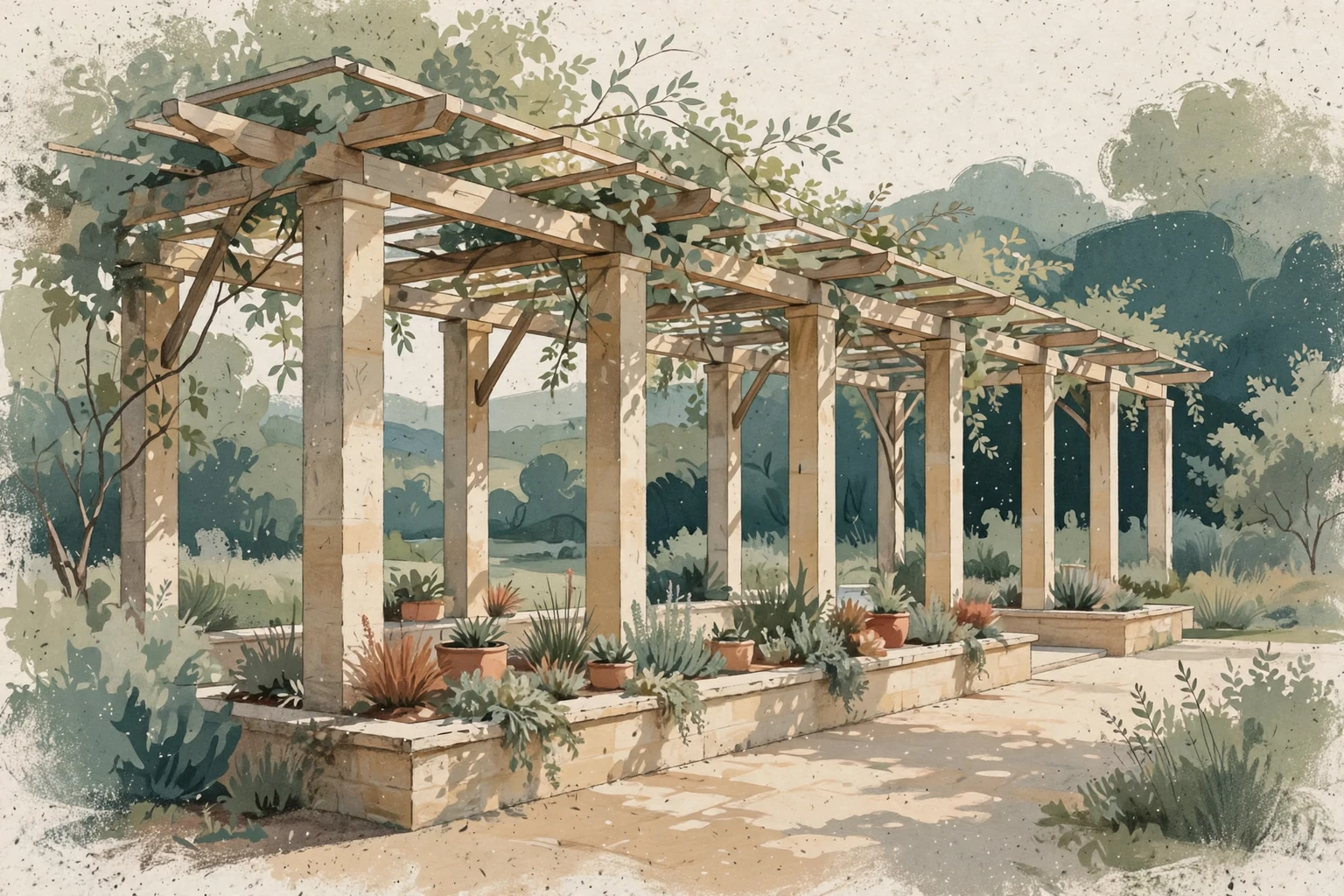 Sunlight filtering through a quiet garden pergola