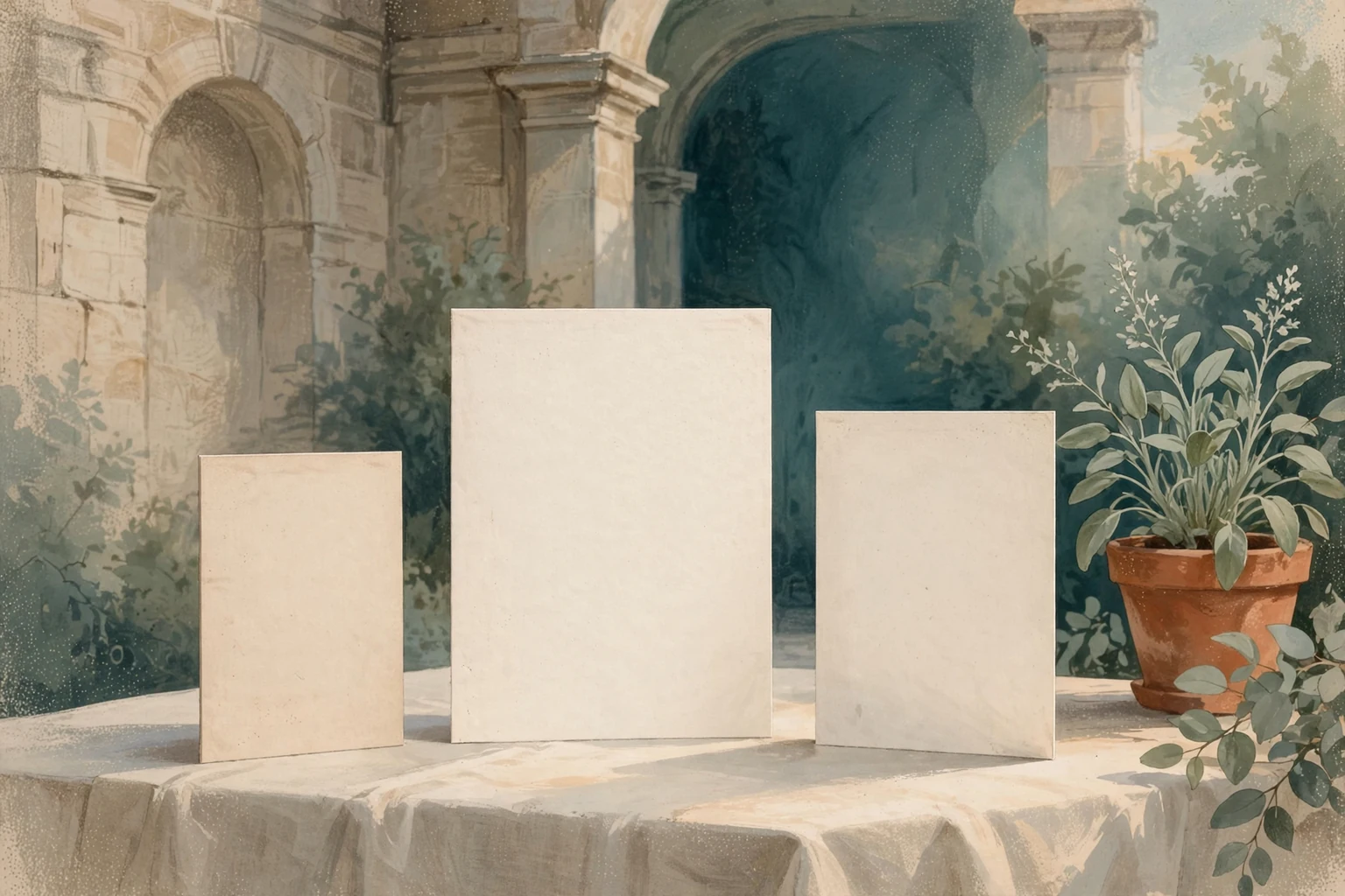 Standing unprinted panels of different widths on a calm worktable