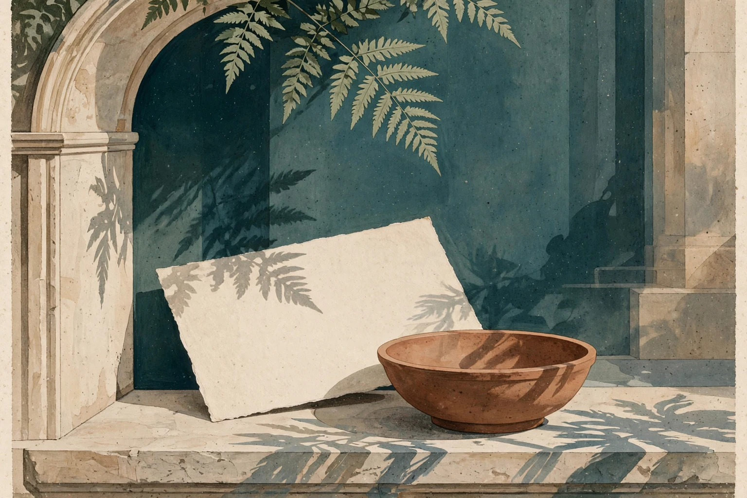 Paper, terracotta and a fern shadow on a warm surface