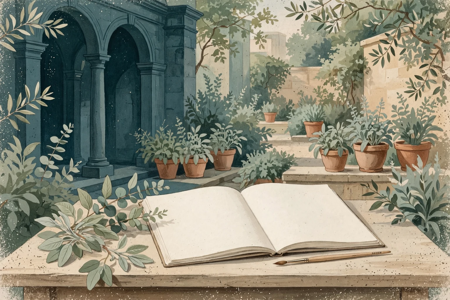 An unprinted folio and a brush at a garden desk