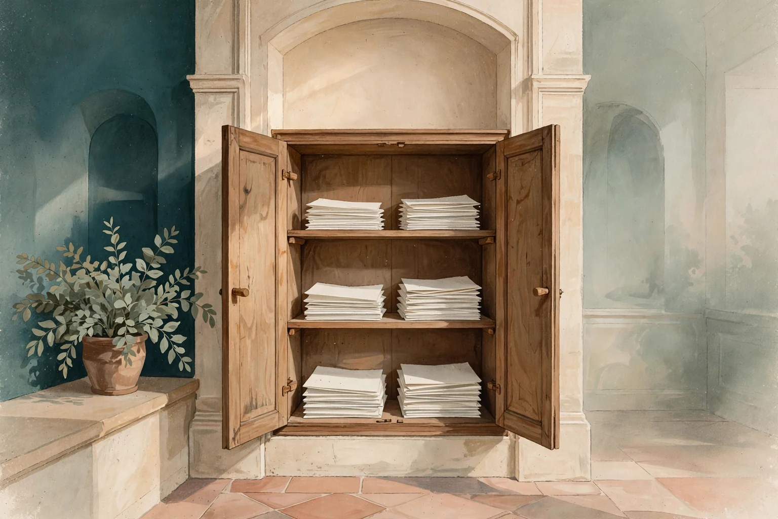 A wooden cabinet holding neatly arranged unprinted folios