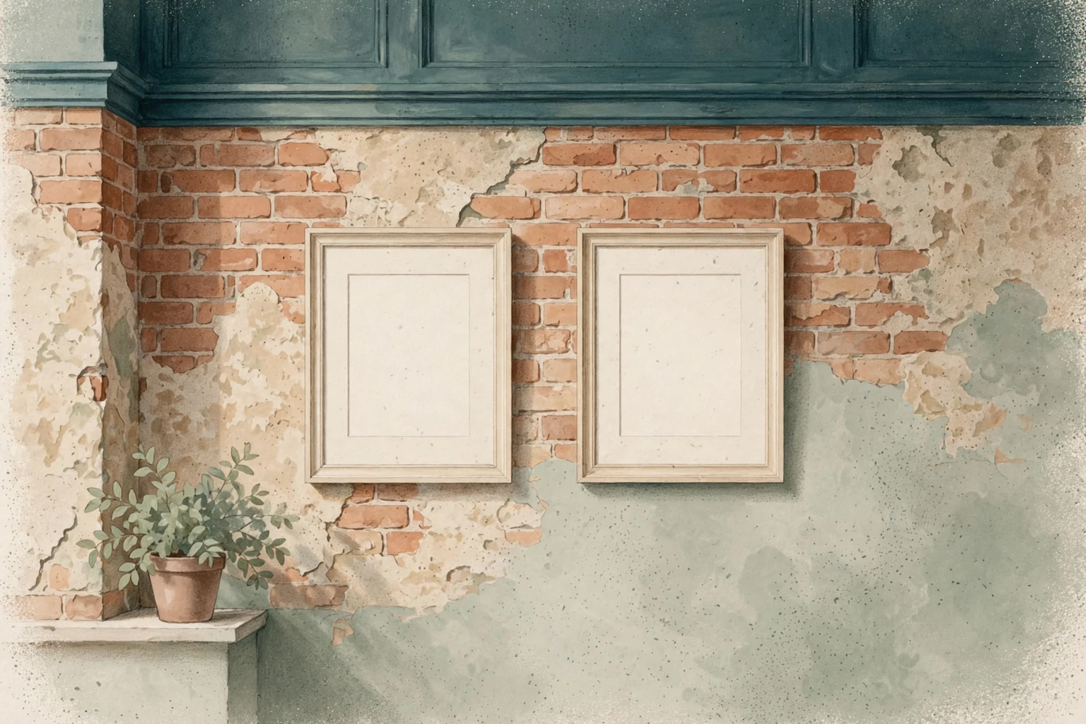 Two empty frames side by side in a gallery
