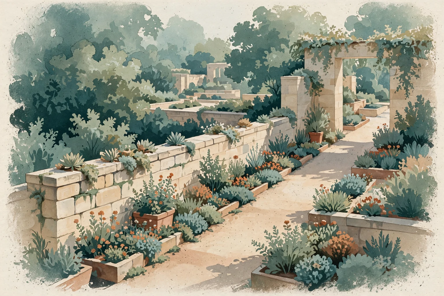 A diagonal garden path between low planted beds