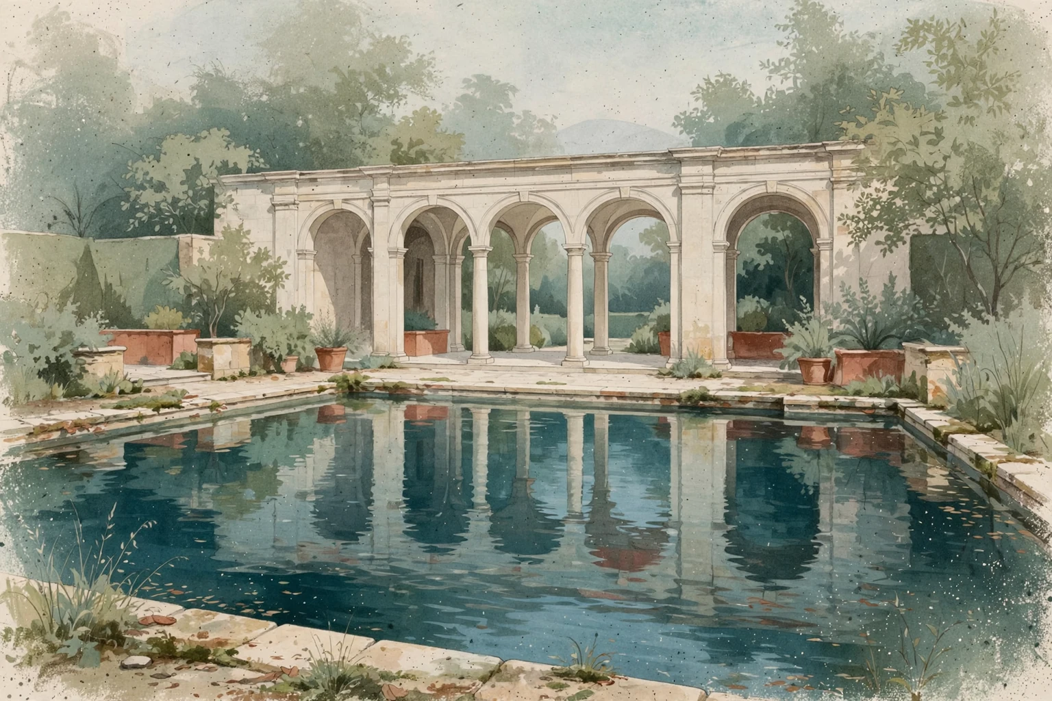 A reflecting pool beneath a pale arcade after rain