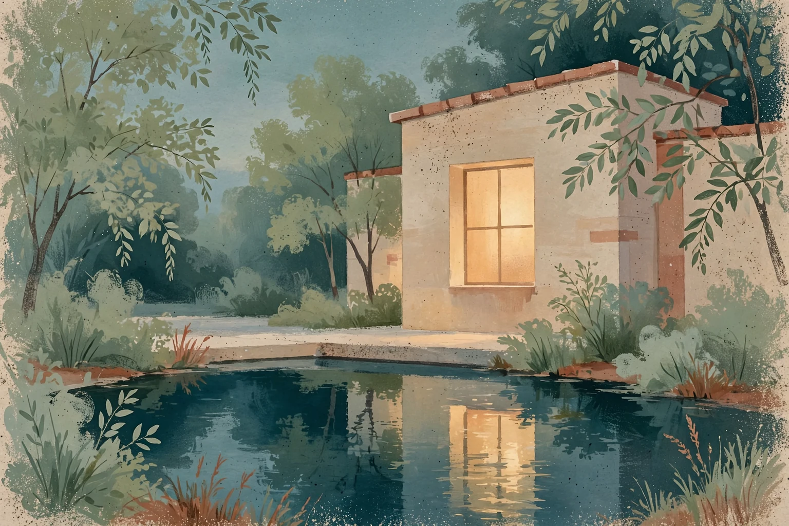 A warm evening window reflected in a small garden pond