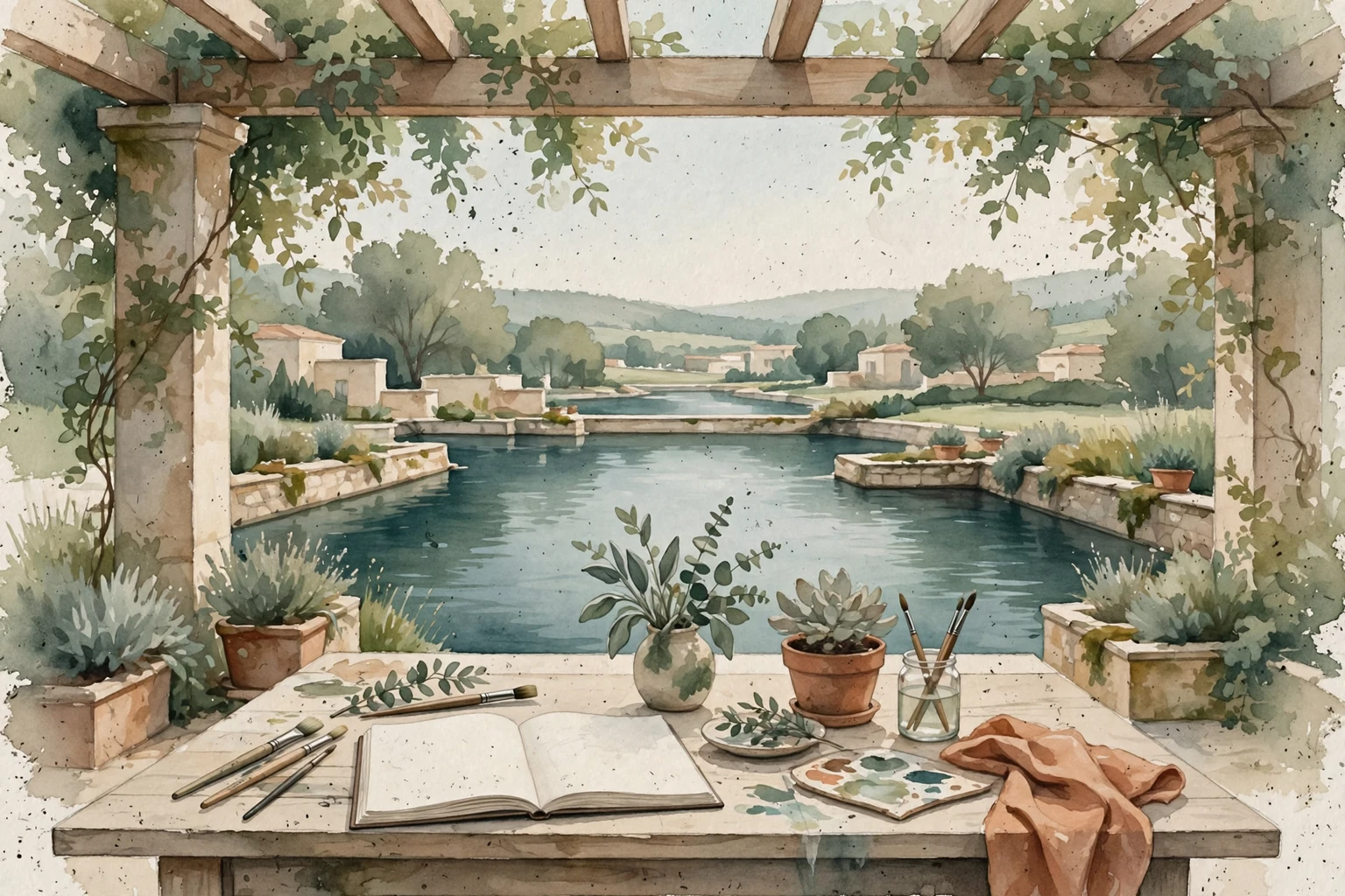 A creative table beneath a pergola facing an imaginary water garden